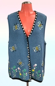 VTG QUACKER FACTORY Wearable Art Bumble Bee Blue Sweater vest embroidery L Boho - Picture 1 of 8
