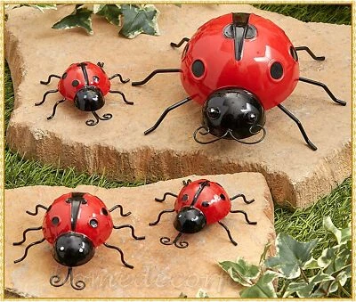 Juego de 4 Insectos Metal LADYBUG Porche Patio Valla Pared Jardín Exterior Arte Decoración Foto 1 de 4