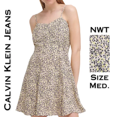 NUEVO Minivestido Skater Calvin Klein Mediano Beige Negro Estampado Leopardo Foto 1 de 4