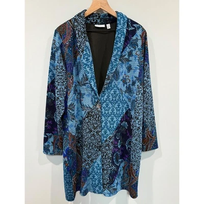 Susan Graver 2XL Printed Novelty Knit Jacket Blue Shawl Collar Button Front - Image 1 of 4