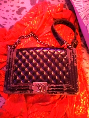 Authentic Chanel Black Woc Handbag Red Lining W/Chain & Leather Strap Used - Image 1 of 4