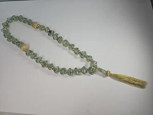 Aqua mundgeblasene Glas Halskette 25" Gold Metall Kugel Quaste Vintage - Bild 1 von 7