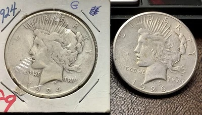 Lote (2) Dólares de Plata Paz 1924, 1926 - Promedio Circulado/Fusión=$38,50 con $50 Ag Foto 1 de 4