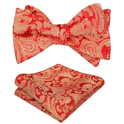 Mens Paisley Jacquard Self-Tie Bow Tie Pocket Square Set Red Gold - Image 1 of 4