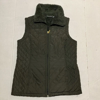 D & Co Womens XS Full Zip Sherpa Puffer Vest Jacket Army Green Quilted Fleece - Image 1 of 4