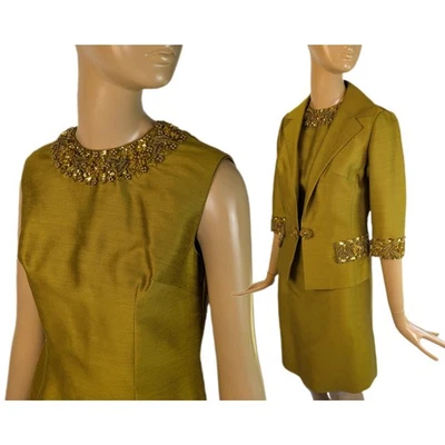 Conjunto de vestido y chaqueta vintage años 60 seda shantung con cuentas doradas a mano a medida Foto 1 de 4