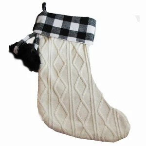 NEW White Cable Knit Christmas Stocking Black Plaid Cuff Pom Poms 16.5"x10" - Picture 1 of 4