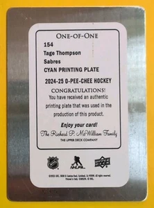 TAGE THOMPSON 1/1 2024-25 O-PEE-CHEE CYAN PRINTING PLATE ONE of ONE #154 SABRES - Picture 1 of 11