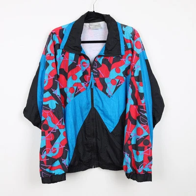 Chaqueta cortavientos geométrica abstracta vintage años 90 multicolor borla cremallera grande Foto 1 de 4