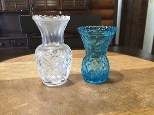 Mini Glass Vases Blue & Clear Pressed Glass Bud Vases VTG - Picture 1 of 4