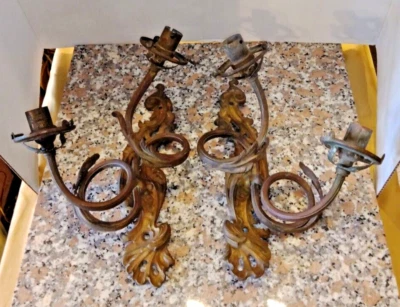 VTG Antique French Art Nouveau Arts & Craft BRONZE 2-Light Sconce PAIR 1900-1940 - Image 1 of 4
