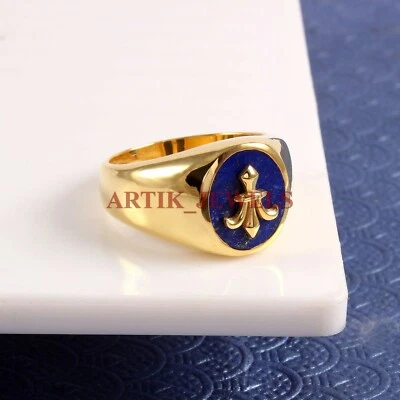 Naturale Lapislazzuli Gemma Con Placcato Oro 925 Argento Sterling Uomo Ring 4338 - Immagine 1 di 3