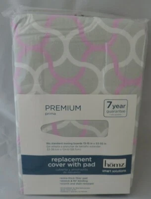 NEW HOMZ Cotton Padded Ironing Board Cover Pink Gray White Elastic WStraps - Image 1 of 3