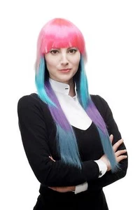 Wig Cosplay Neon Colourful Pink Blue White Long Smooth Fringe Layered - Picture 1 of 5