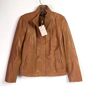 Quince Womens Small 100% Leather Stand Collar Jacket Cognac Full Zip NEW $225 - Picture 1 of 11