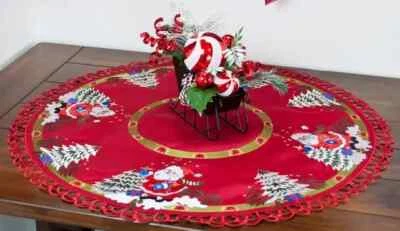 Santa Claus Christmas Trees Red Table Topper (34" Round) - Image 1 of 4