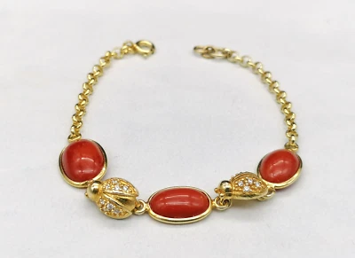 bracciale donna catena argento dorato vero corallo rosso di Sardegna cabochon - Immagine 1 di 4