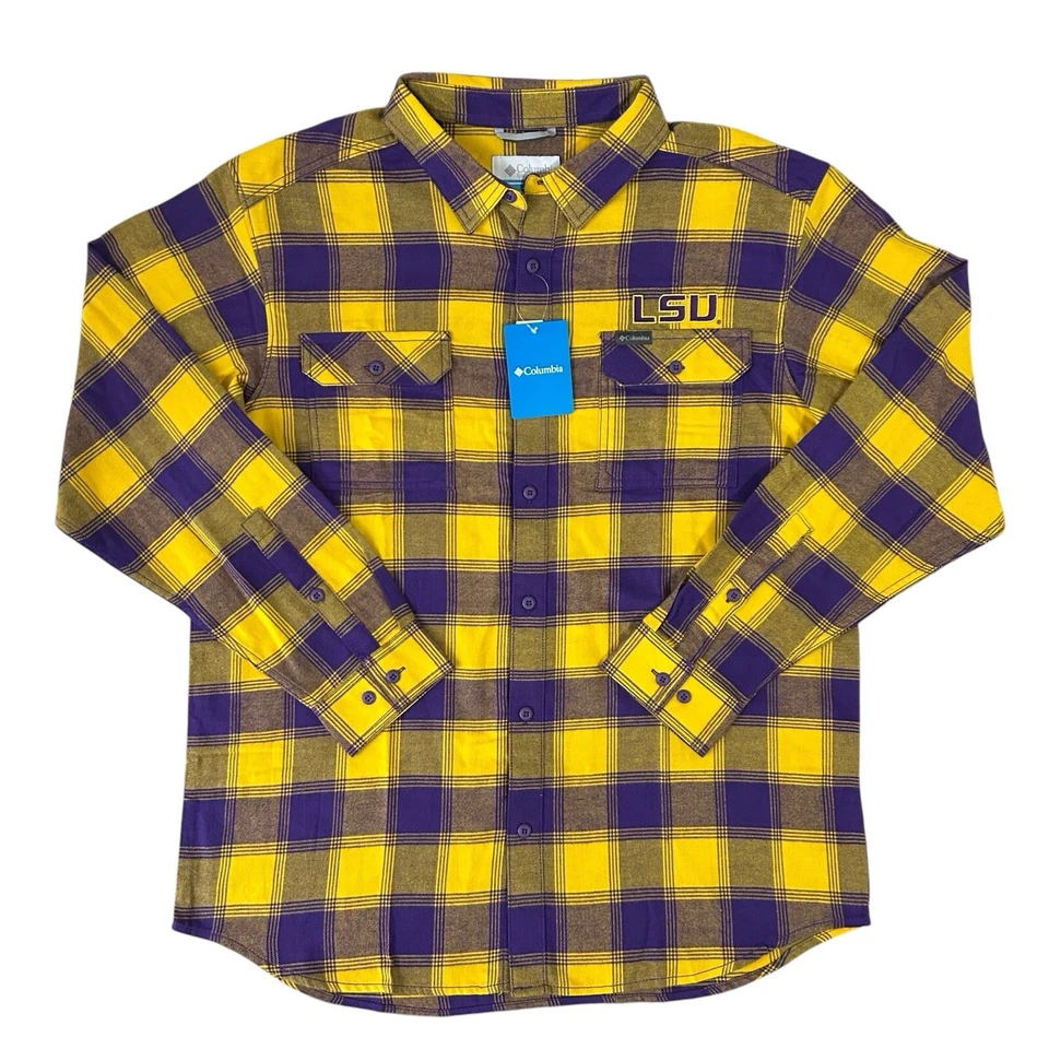 LSU Tiger Men Columbia Rapid Rivers Plaid Flannel Button Down Shirt Sz XL
