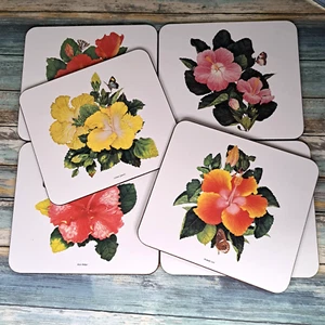 Jason Placemats Set of 6 MEDIUM Hibiscus Floral Flower Spring Pink Orange Yellow - Picture 1 of 15
