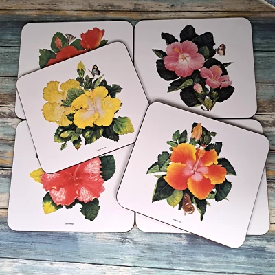 Jason Placemats Set of 6 MEDIUM Hibiscus Floral Flower Spring Pink Orange Yellow - Image 1 of 4