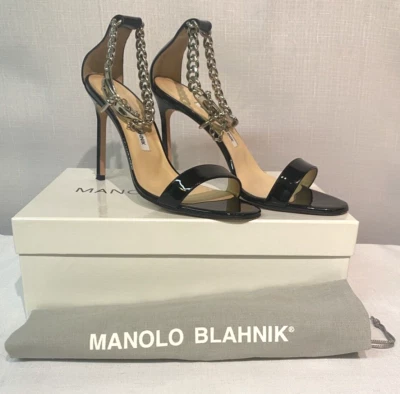 MANOLO BLAHNIK Black Chaos Sandal With Chain Strap Pin Lock Size 8.5B Italy - Image 1 of 4