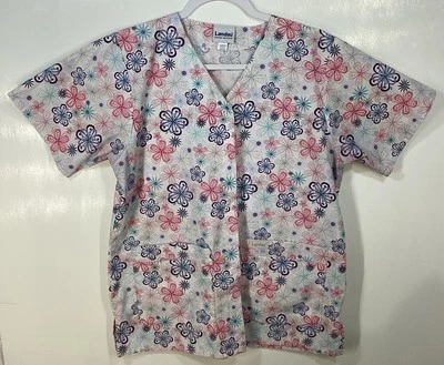 Scrub Top womens size S small Flowers red white blue pink purple Snap Front - Image 1 of 3