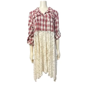 Origami Plaid Lace Shirt Dress Tunic Womens L/XL High Low NEW - Picture 1 of 8