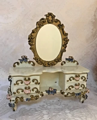1950 Spielwaren Germany Vanity/Dresser Dollhouse Furniture w/Mirror & 2 Drawers - Image 1 of 4