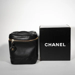 Authentische Chanel Vintage zweifarbige Lammleder Kosmetiktasche Handtasche schwarz CC Japan - Bild 1 von 10