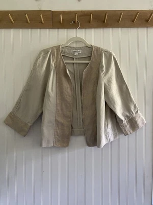 Chaqueta corta Coldwater Creek mezcla de lino manga 3/4 bronceada metálica hojas doradas M Foto 1 de 4