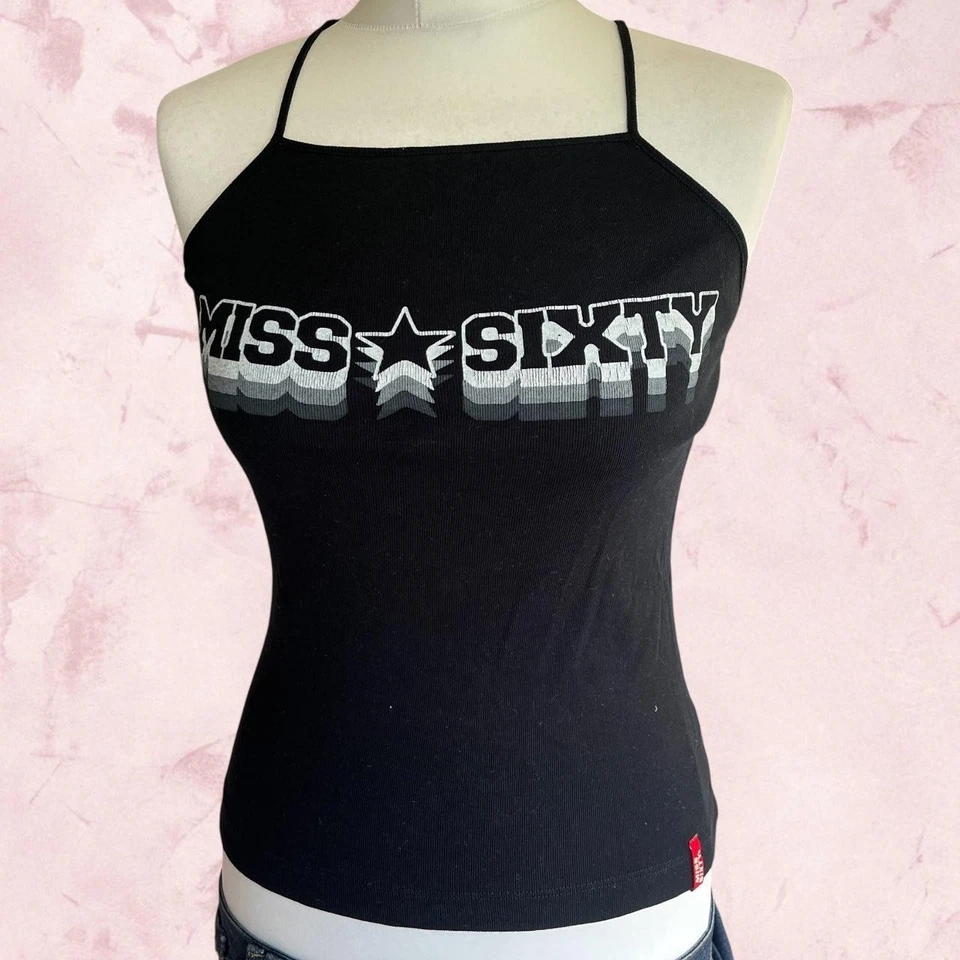 Vintage Miss Sixty Size M Black Cami Top With Graphic Logo Y2K 00s Stretchy - Image 1 of 4