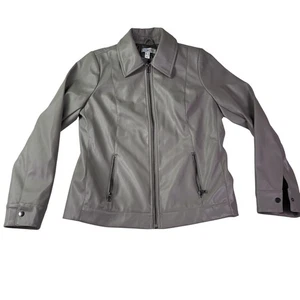 Denim & Co Faux Leather Jacket Womens XS Gray Zip Front Pockets Snap Cuffs Vegan - Picture 1 of 8