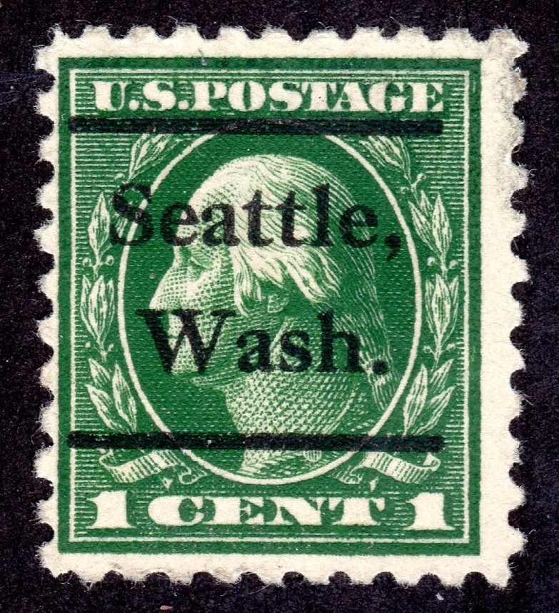 US # 424 (1913) 1c Used, FVF Washington 'Seattle Washington' Precancel - Image 1 of 1