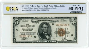 1929 $5 Federal Reserve Bank Note Philadelphia FR-1850-C Ch AU 58 PPQ (L1705) - Picture 1 of 2