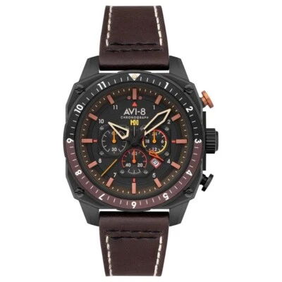 AVI-8 Unisex Black Dial Brown Leather Band Chronograph Quartz Watch - AV-4100-08 - Image 1 of 4