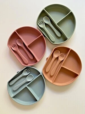 Silicone Suction Plate With Cutlery BPA Free Baby Children Toddler Feeding Set - image 1 of 4