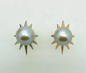 Modern Platinum Spikes Round Natural Pearl Studs Earrings, Boho Love Gift - Picture 1 of 12