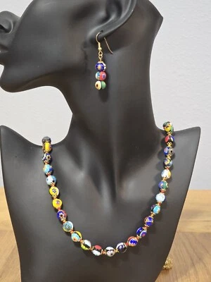 Colar de vidro vintage feito à mão Murano Millefiori 28" e brincos venezianos combinando - Imagem 1 de 4