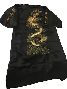 Vintage Laogudai Kimono Japanese Long Robe Black Gold Dragon Satin Size Large - Picture 1 of 9