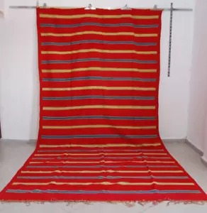 Vintage Handmade Moroccan Red Rug Yellow Blue Stripe Berber Tribal Wool Carpet - Picture 1 of 24