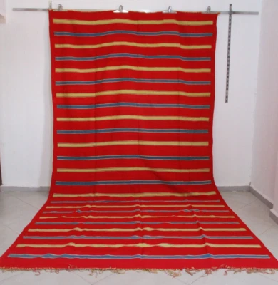 Alfombra roja marroquí hecha a mano vintage alfombra de lana tribal bereber a rayas amarilla azul Foto 1 de 4