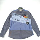 Desigual Men Dress-Shirt Size L Cotton Button-Down Patch Grey Blue Rainbow Large