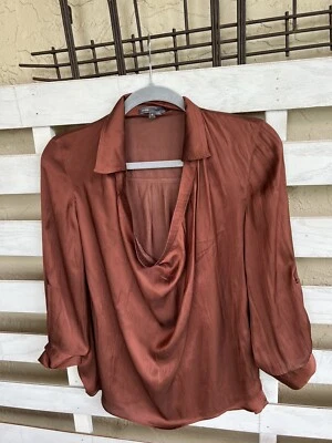 Vince  Rusty Brown Orange Cowlneck Draped Blouse 3/4 Roll Up Sleeve Women S - Image 1 of 4