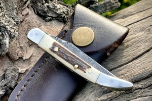 SHARD™ HAND FORGED Texas Toothpick Damascus Stag/Antler Folding Pocket Knife - Picture 1 of 7