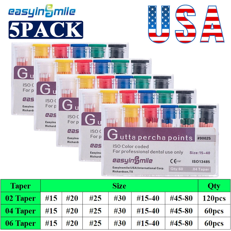 5pk Dental Endodontic Gutta Percha Points Root Canal 02/04/06Taper 15-40# 45-80# - Image 1 of 4