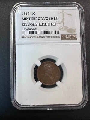 1919 Lincoln Wheat Cent NGC Reverse Struck Thru / Strike Through MINT ERROR - Image 1 of 3