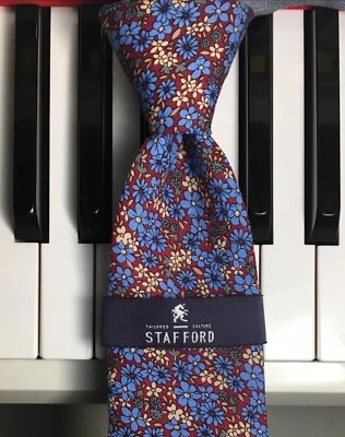 Corbata roja STAFFORD/Cotton Cool Comfort-azul y blanco roto mille flor sobre ladrillo -Nueva Foto 1 de 4
