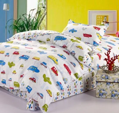 Cars Airplanes Kids Boys Bedding Twin Duvet Cover Set & Flat Sheet White Red - Image 1 of 4