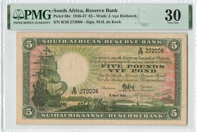 SOUTH AFRICA 5 Pounds 1946, (6.4.46), PMG 30 VF, Scarcer de Kock Signature. - Image 1 of 2