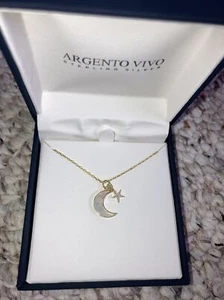 Argento Vivo .925 SS Gold Tone Moon & Star Cz & Mother Of Pearl Necklace~NIB! - Picture 1 of 5